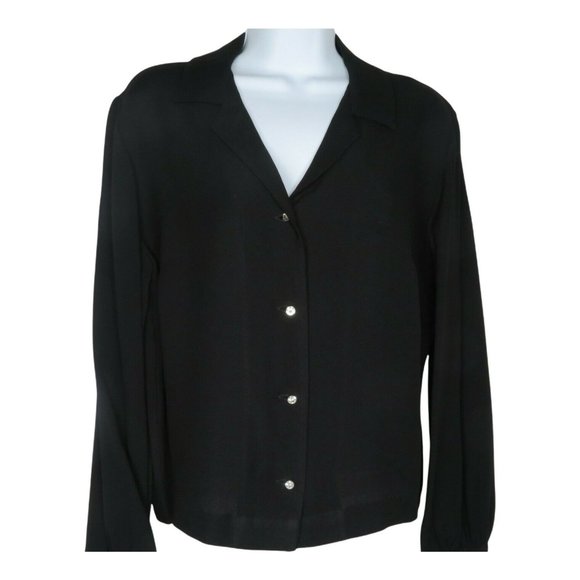 Vintage 70s Koret of California Black Button Up Blouse M Crystal Buttons Retro - Picture 1 of 12